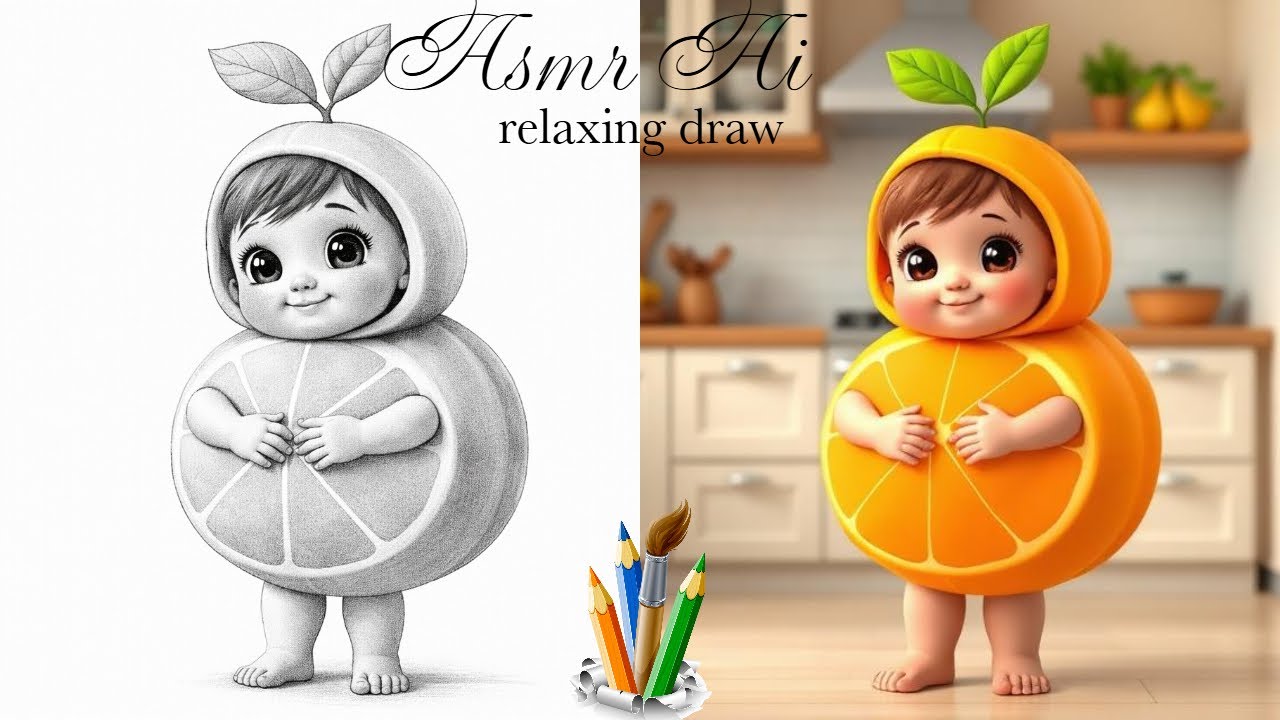 Child Eating Orange 🍊 | Relaxing Draw & ASMR AI | Before & After Coloring