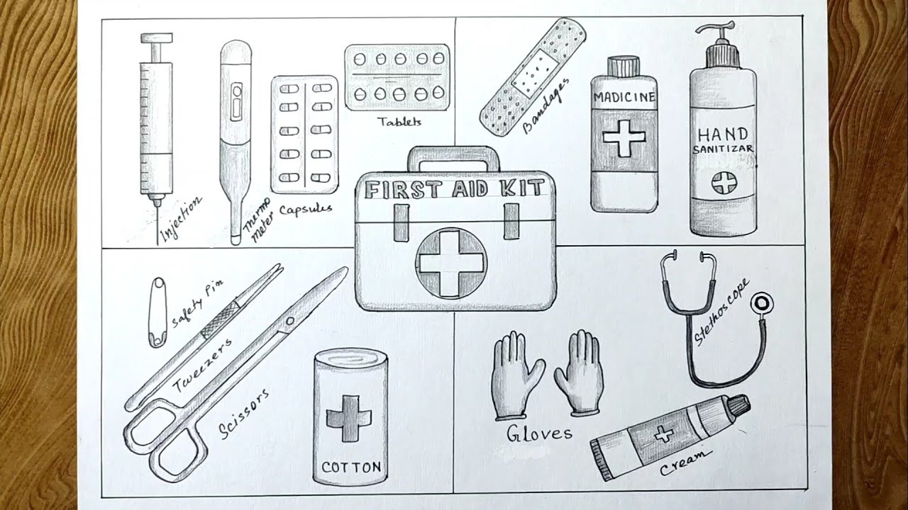 First Aid kit drawing/First aid box items drawing/ World First Aid day drawing