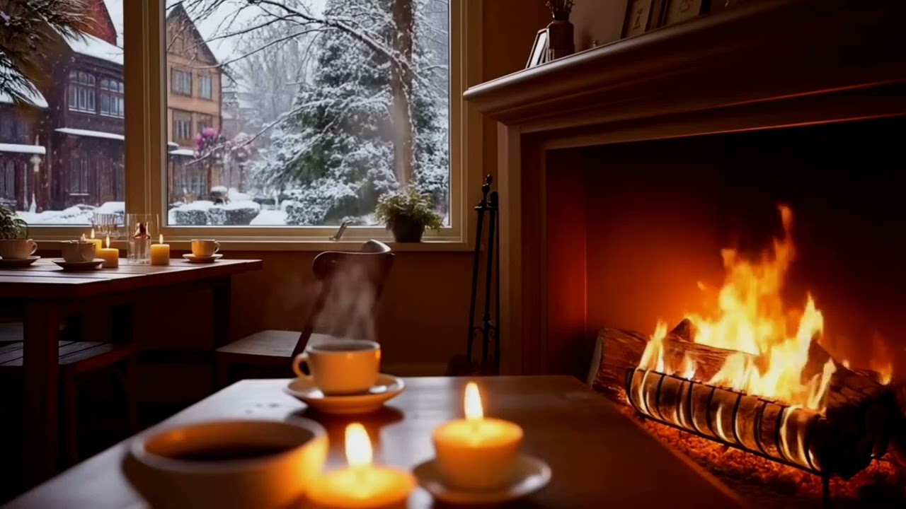 Cozy Winter Jazz ☕ Warm Fireplace & Snowfall Café Ambience