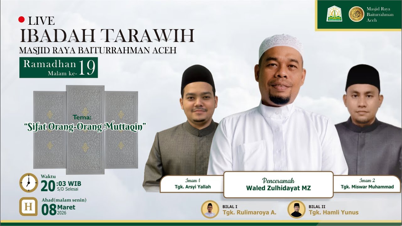 Live Ibadah Tarawih | Masjid Raya Baiturrahman Aceh | Ramadhan Ke-19 | Waled Zulhidayat MZ