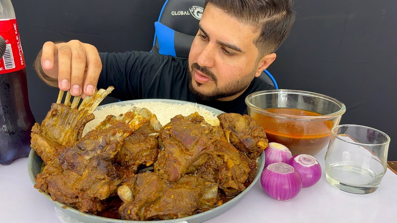 ASMR; Eating Spicy Mutton Curry with Rice+Extra Gravy Raw Onions Drinks Real Mukbang No Talking