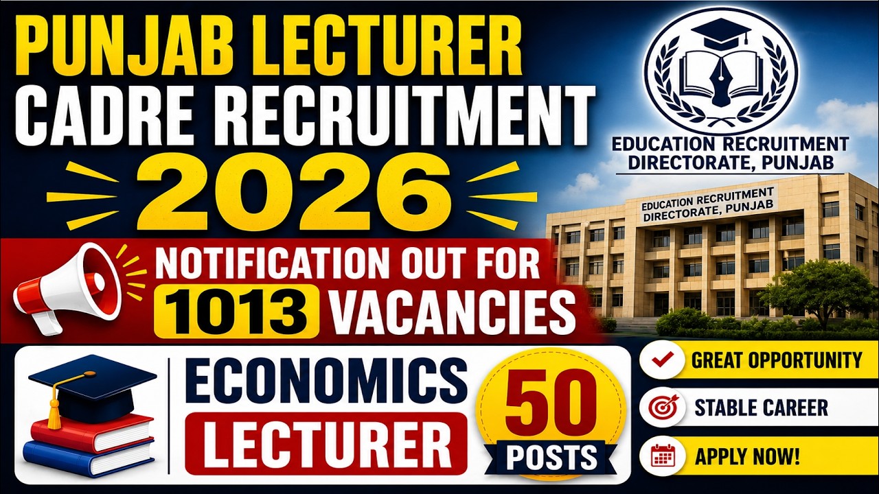 Punjab Lecturer Cadre Recruitment 2026| 1013 Vacancies| Economics posts-50