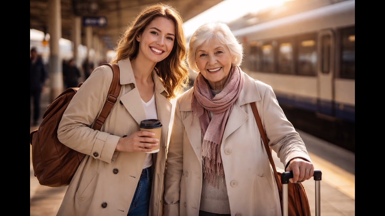 O bătrână într-o gară..