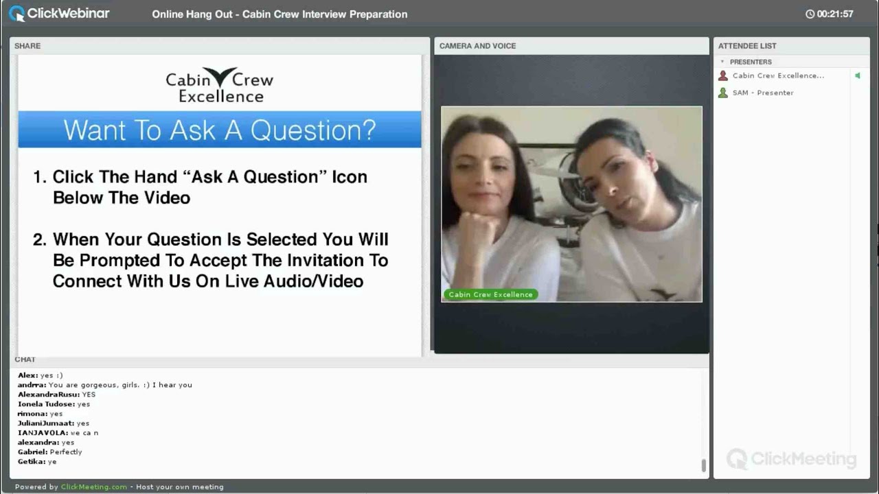 Cabin Crew / Flight Attendant Interview Preparation Online Hang Out Snippets
