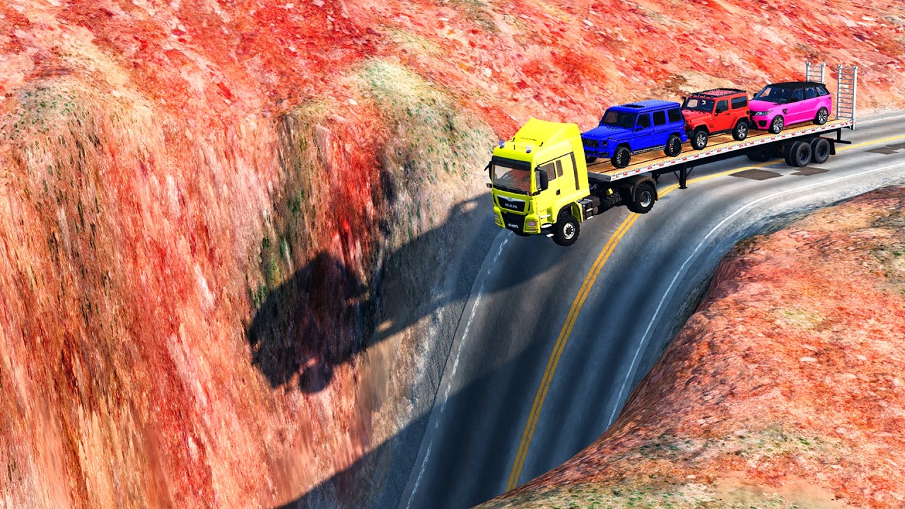 Flatbed Trailer | Transportation with Truck - Speedbump vs Car vs Pothole - BeamNG.drive #74