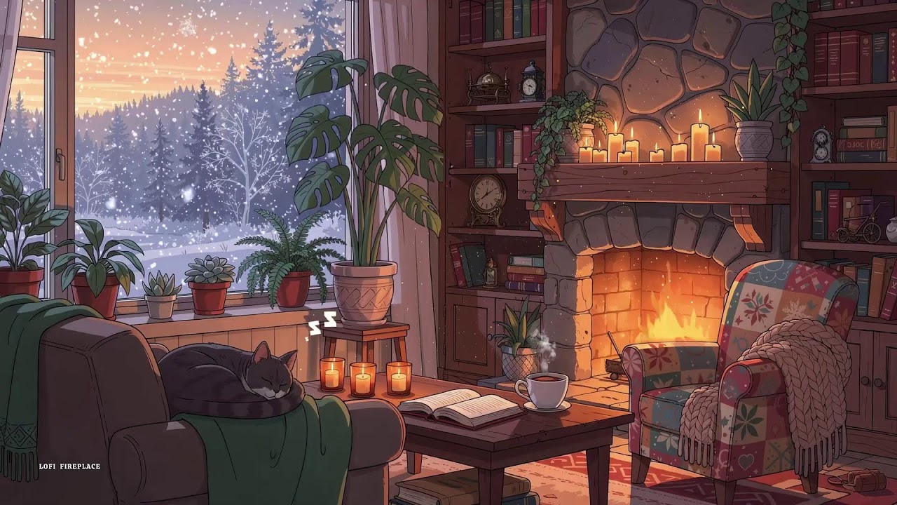 ❄️ Lofi - Snow Falling Outside with Fireplace| Cozy Winter Evening Vibes ❄️✨
