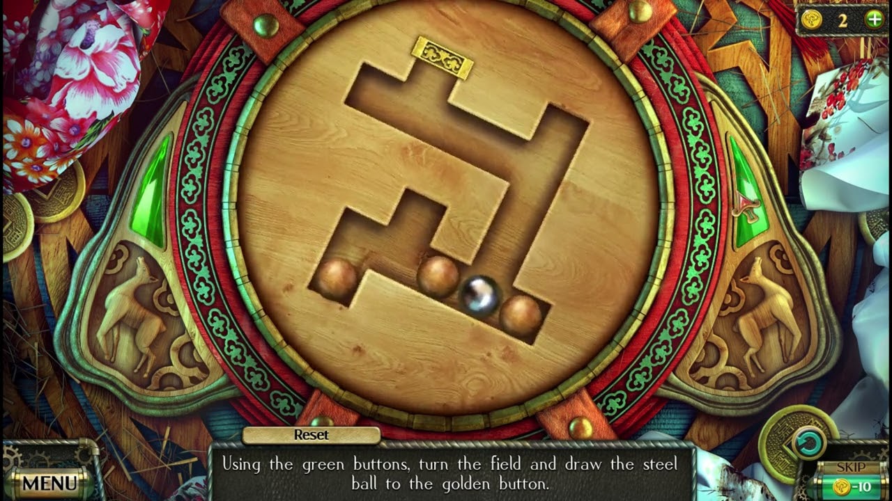 Using the green buttons, turn the field and draw the steel ball to the golden button Puzzle Solution