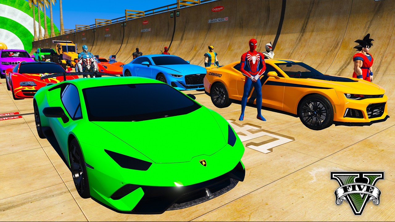 SPIDERMAN Epic Mega HALFPIPE RAMP Challeng for Cars SUV Monsters! SuperHero Hulk Venom Goku – GTA 5