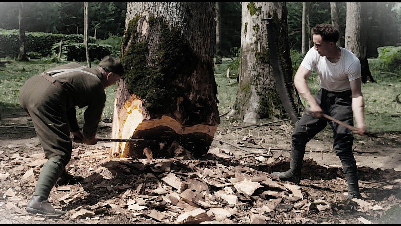 AMAZING Vintage Footage of US Army Loggers Felling Trees in France with Axes and Saws in 1918