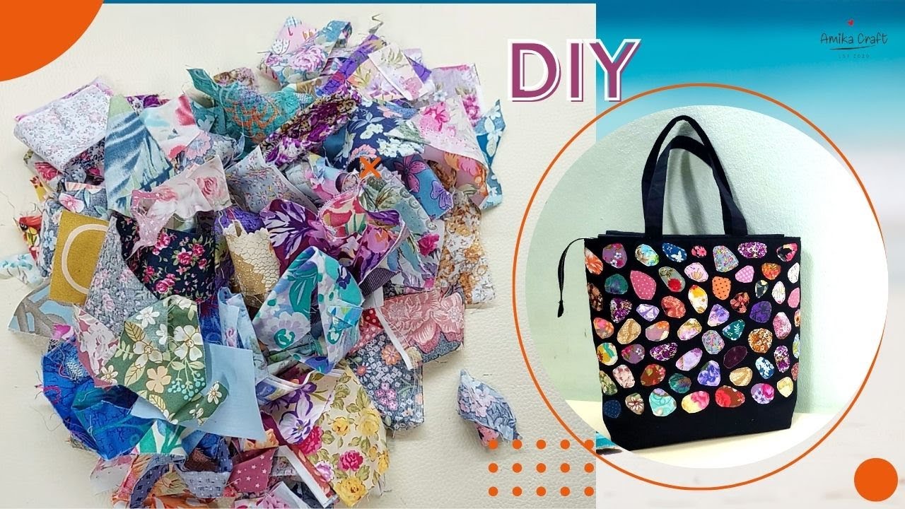 How to make a design tote bag with randomly arranged scrap fabric.