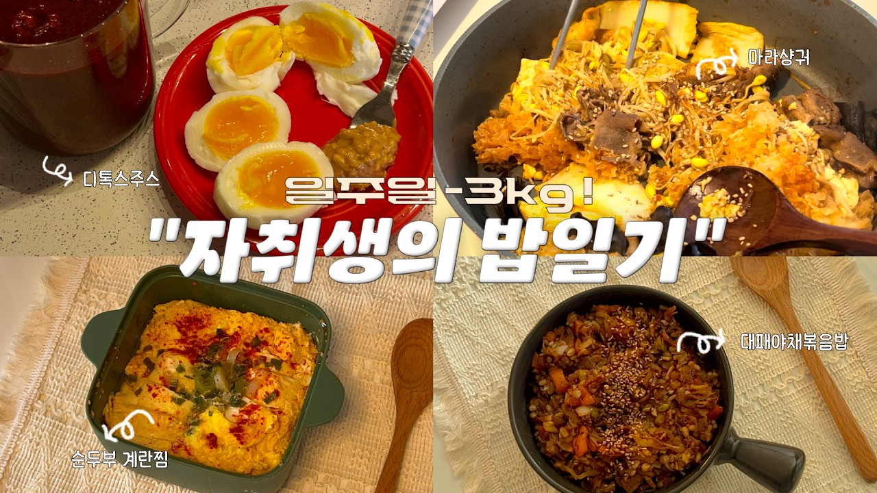일주일 -3kg 자취생의 다이어트 밥일기 🍳 | 디톡스주스 ☘️ | 해독주스🍎 | 다이어트 마라샹궈🧑‍🍳 | 순두부계란찜🥚 | 대패야채볶음밥🍱 | diet vlog | 다이어트요