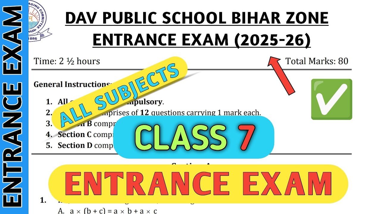 Dav class 7 all subjects question paper of entrance exam 2025 | Dav paper Zone | 2025-26 |