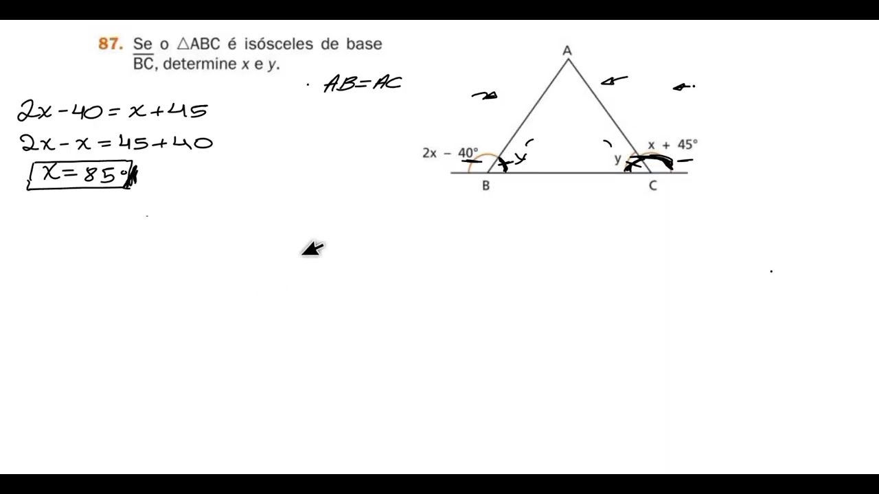 87- Se o triângulo ABC é isósceles de base BC, determine x e y.