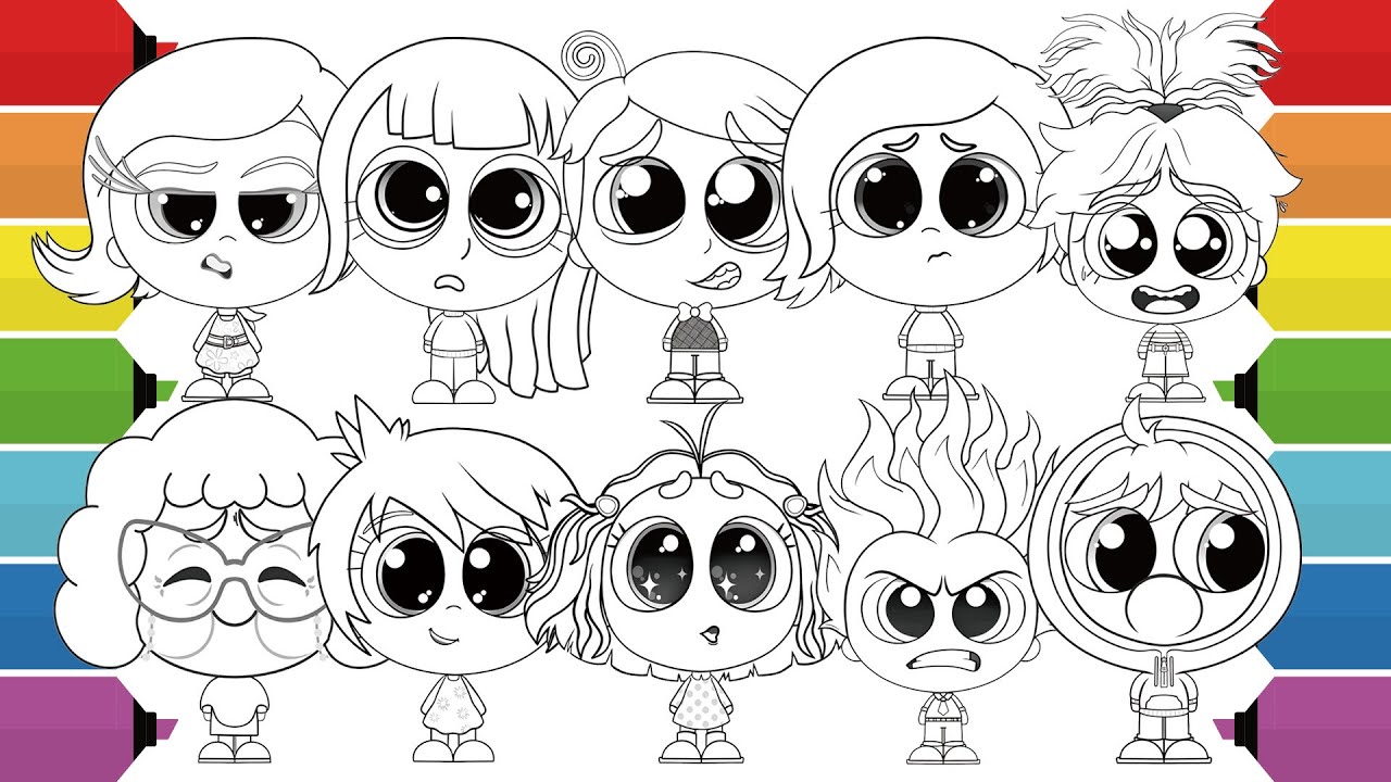 Inside Out 2 Cute Version Coloring Pages | Joy Sadness Anger Fear Disgust Anxiety Envy Embarrassment