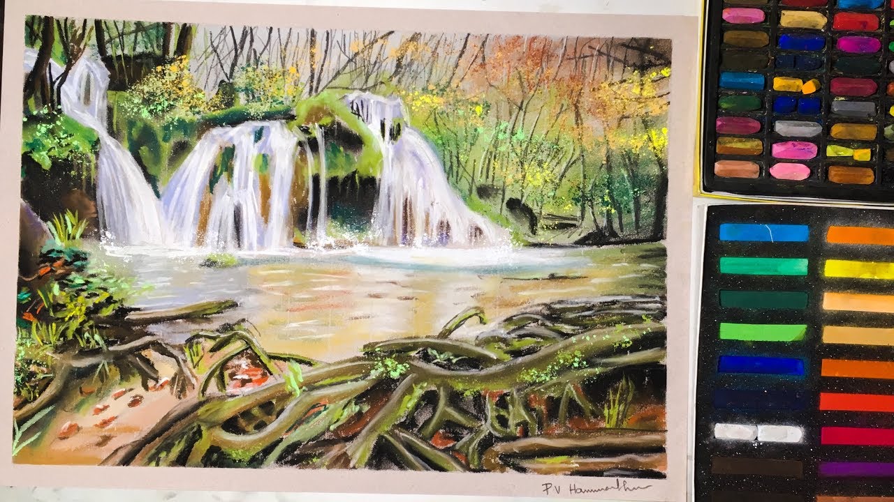 How to Draw a Waterfall Landscape with Soft pastels | P V Hanumanthu art