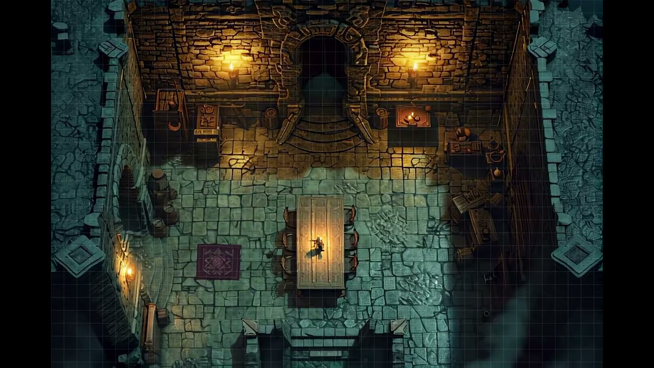 DnD compatible animated map _ Dungeon Interior with Cozy Atmosphere _ square grid for VTT