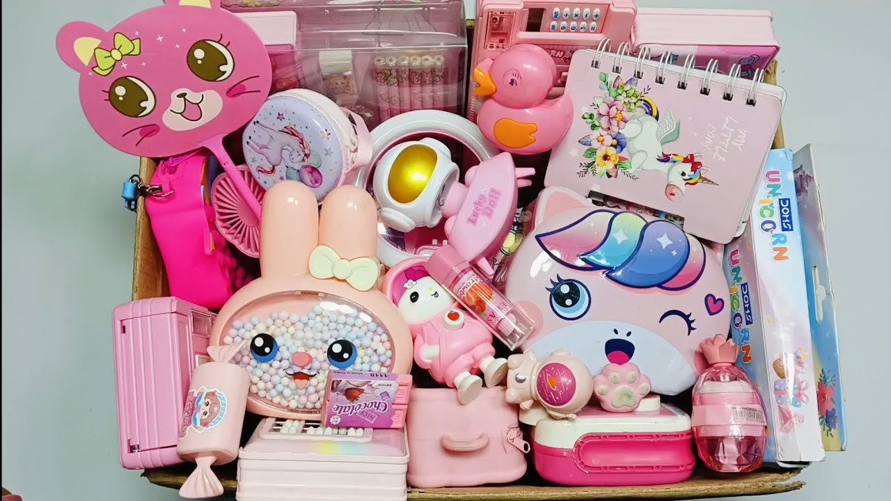 Cute pink colour stationery collection- pencil box, pencil stand, Doms stationery key chain, eraser 