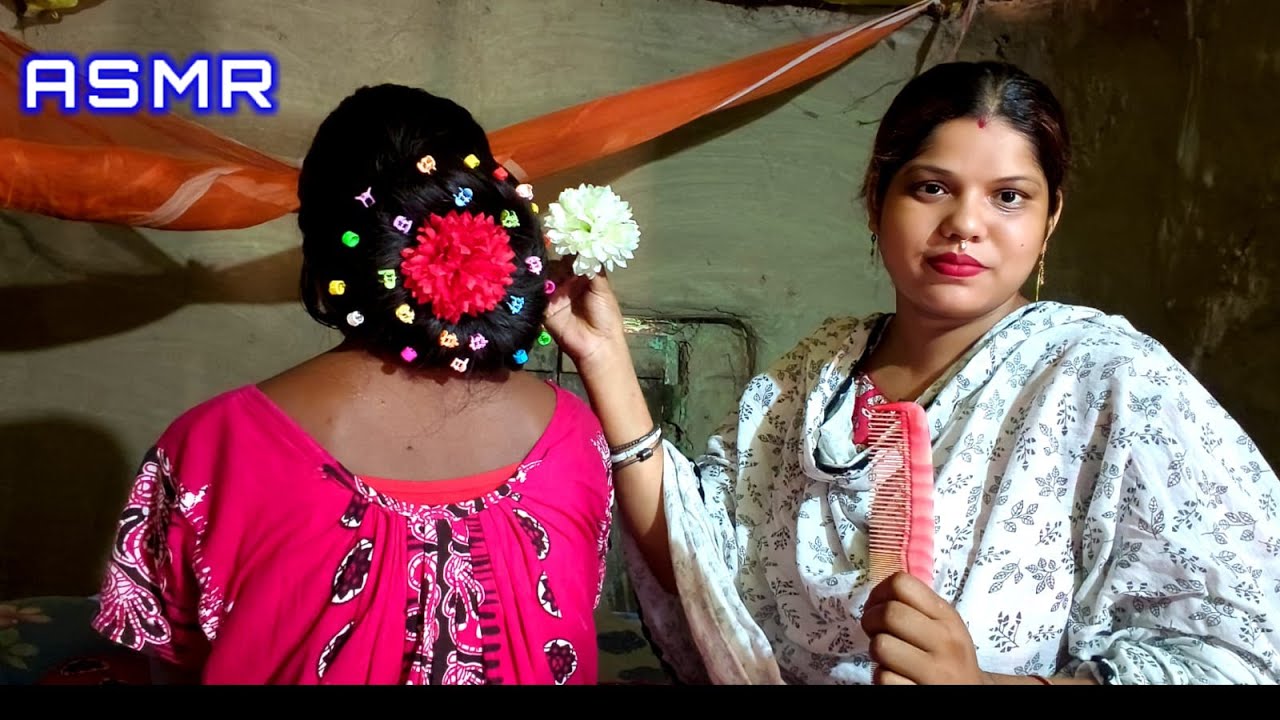 ASMR|| Indian Village Girl Hair Binding Style doing My Sweet Sister (Relaxation) 👩❤️