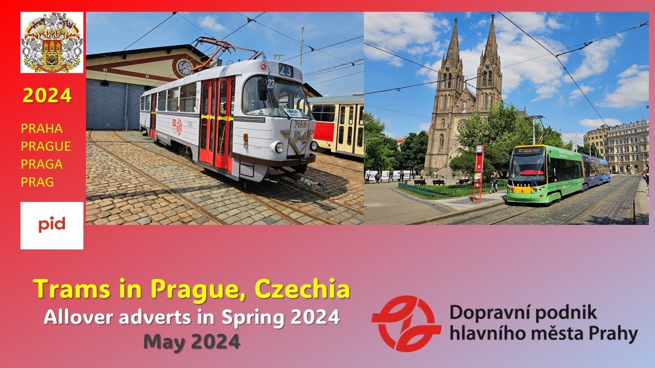 Prague, Czechia: Trams wearing allover adverts in Spring 2024 (29th April to 10th May)