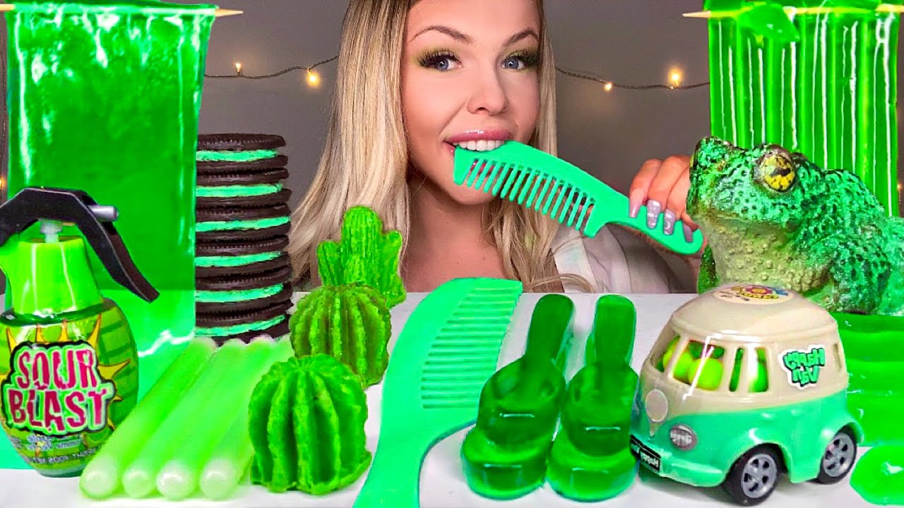 ASMR *GREEN FOOD* EDIBLE HAIR COMB, NIK-L-NIP WAX STICK, CACTUS, CHOCOLATE FROG, JELLY MUKBANG 먹방