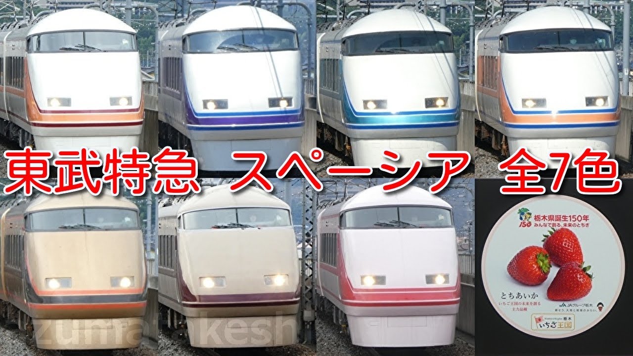【歴代 全7色まとめ！東武特急100系 スペーシア 全7色！】原色、雅(みやび)、粋(いき)、オレンジ、金色（日光詣）、ＤＲＣ、いちごスペーシア