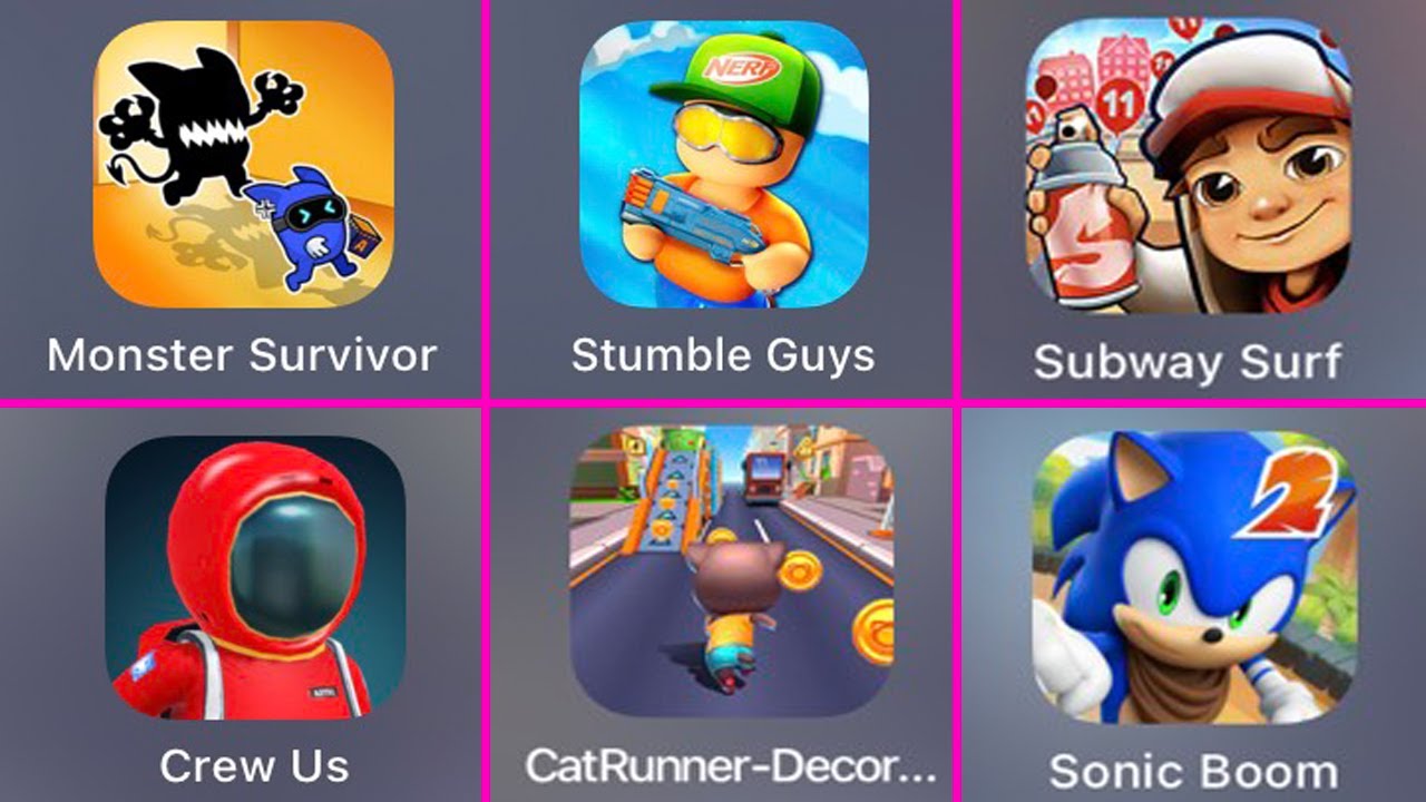 Monster Survivor, Stumble Guys, Crew Us, Subway Surf, Cat Runner