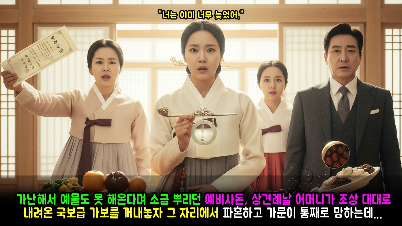 가난해서 예물도 못 해온다며 소금 뿌리던 예비사돈, 상견례날 어머니가 조상 대대로 내려온 국보급 가보를 꺼내놓자 그 자리에서 파혼하고 가문이 통째로 망하는데...