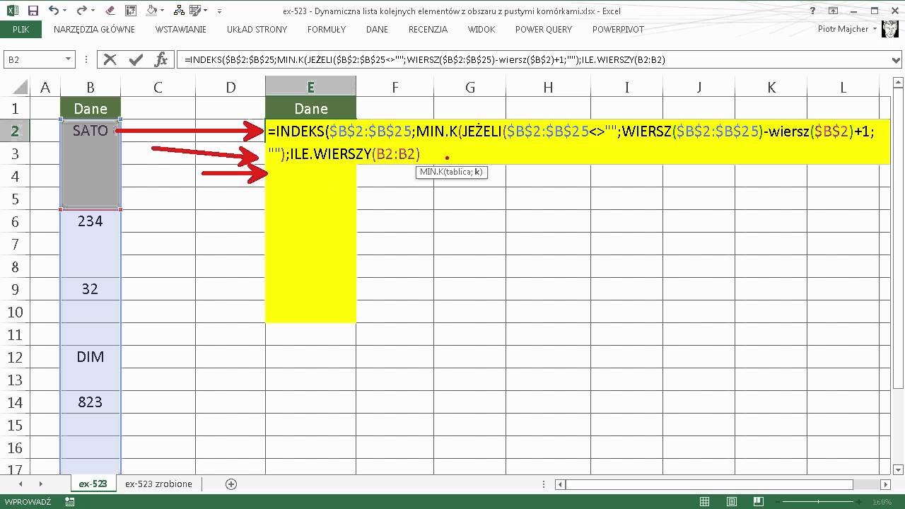 excel-523 - Dynamiczna lista kolejnych elementów z obszaru z pustymi komórkami