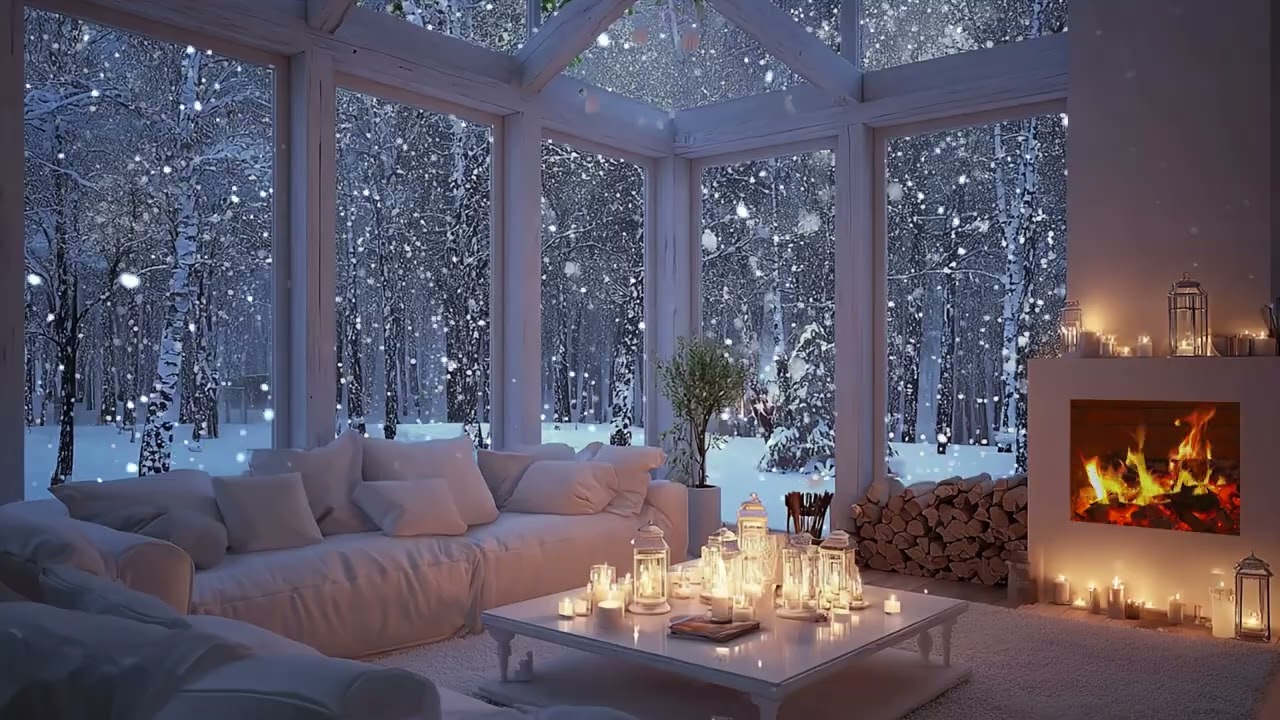 Cozy Winter Piano Lounge ❄️ Fireplace Glow & Falling Snow for Focus, Study and Inner Calm