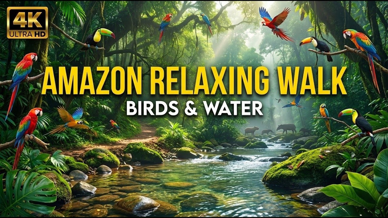 Amazon Relaxing Walk: River Trail Birds and Water (No Music) (4K)