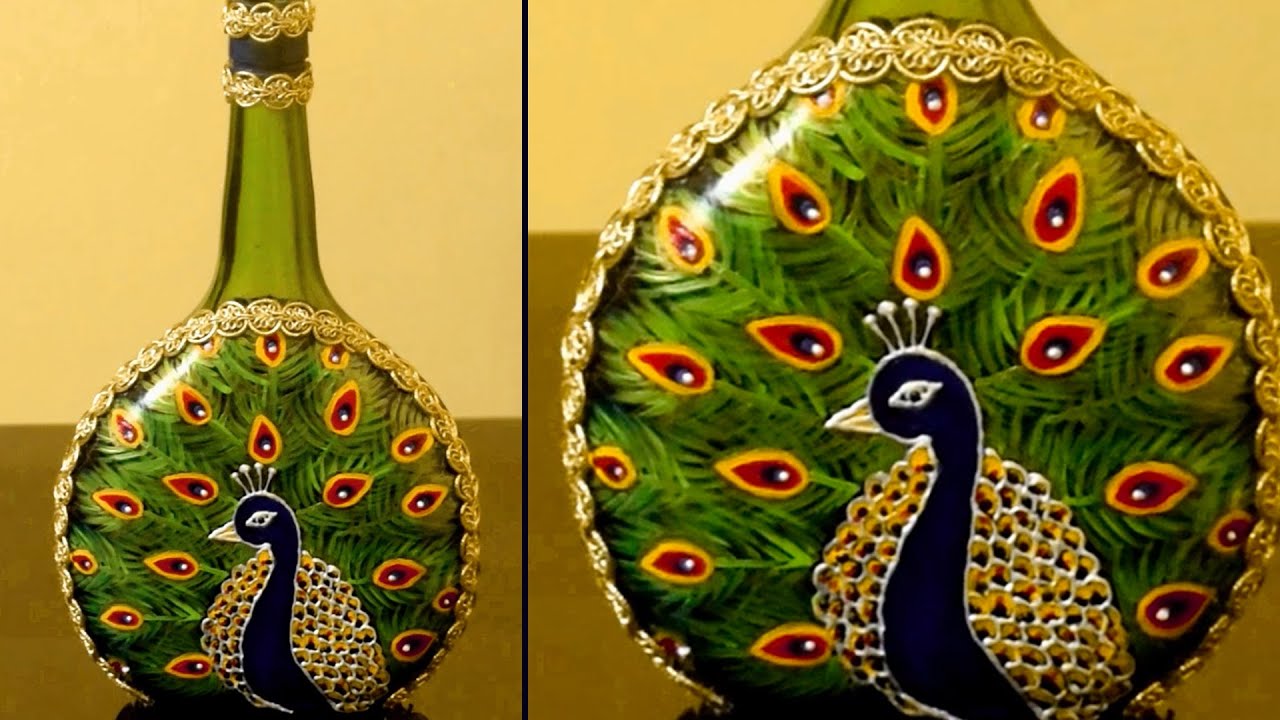 Bottle art | Indian Peacock Design using acrylic color | Easy hand crafted
