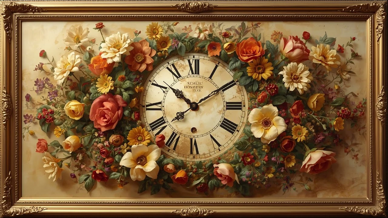 Floral Clock Screensaver For Your Tv | 4k Art Background Wallpaper | Vintage Gold Frame | Samsung Tv