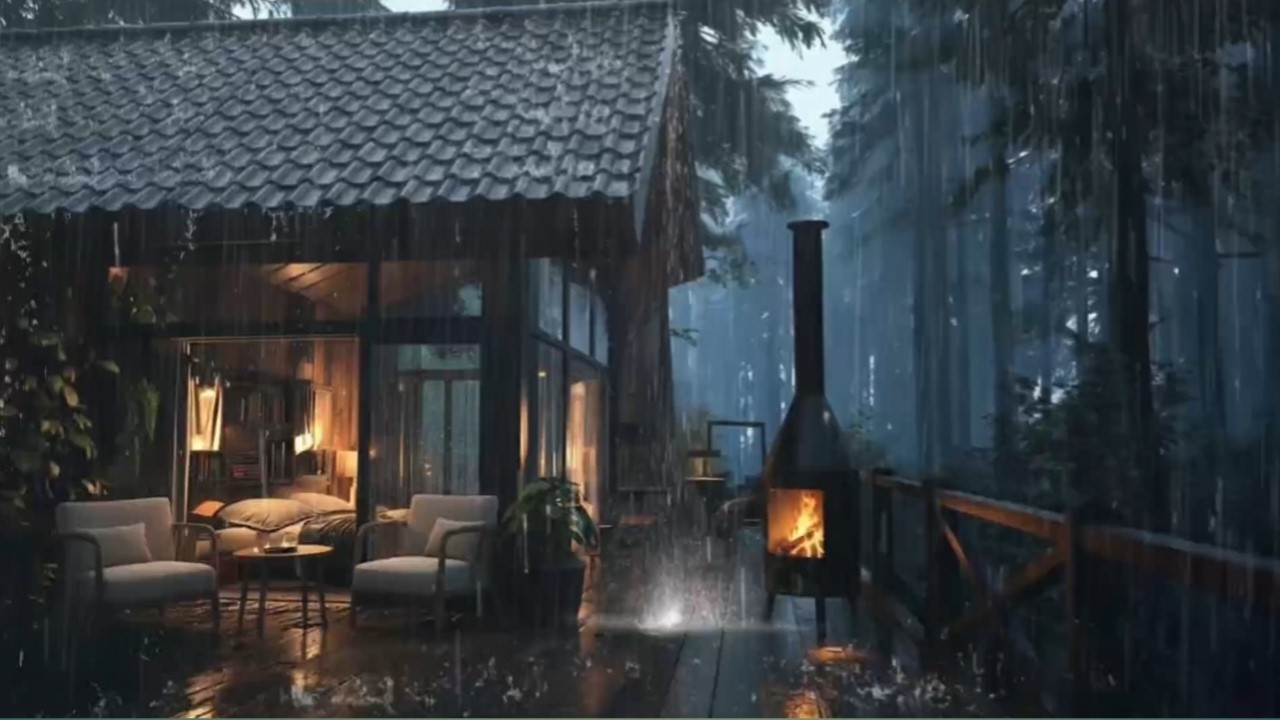 No Ads | Relaxing Autumn Rainfall at Wooden Cabin in the Forest Lake🌲Sleep& Stress Relief Ambience