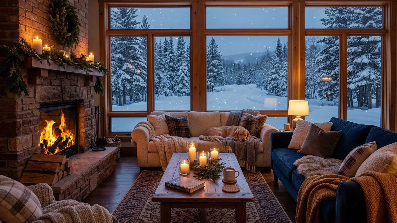 Warm Firelight 🔥 Inside A Quiet Living Room As Gentle Snow 🌨️ Drifts Beyond Window