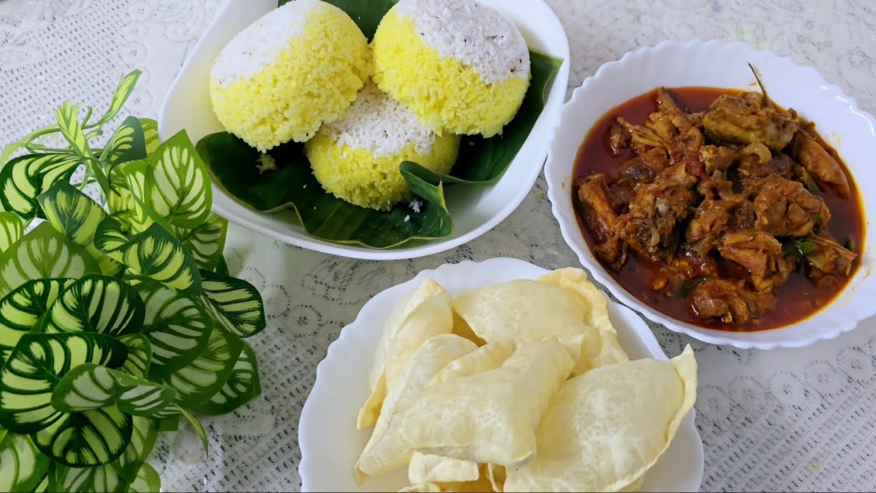Our breakfast special features pineapple puttu, chicken mulakittathu, and pappadam.