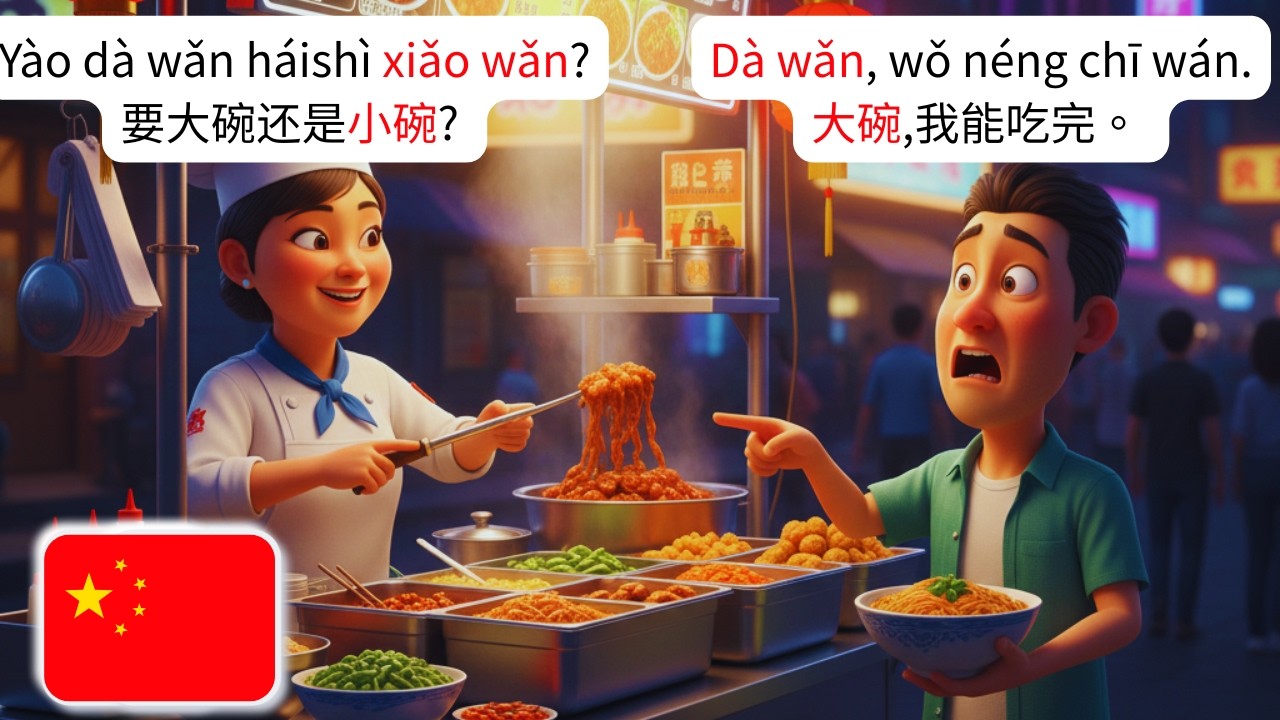 🇨🇳 Изучайте китайский за 3 минуты｜Реальные повседневные диалоги：Уличная закусочная ④｜HSK 1–2