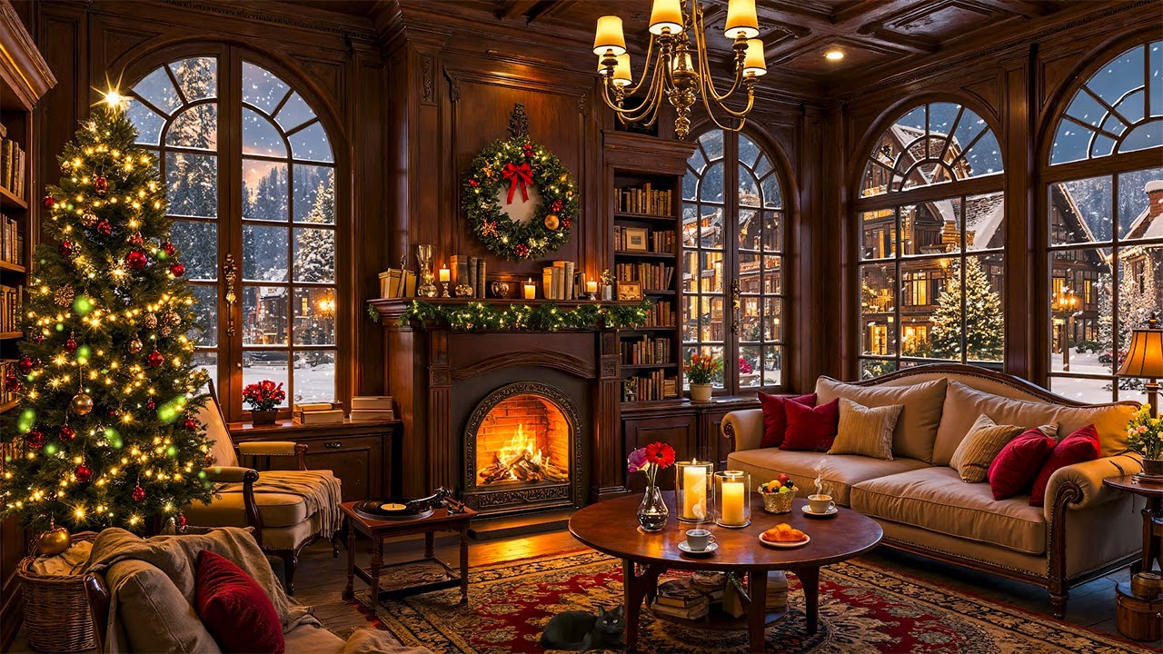 Christmas Jazz Music & Cozy Fireplace Sounds to Warm Holiday 🎅  Snowfall in Christmas Cafe Ambience