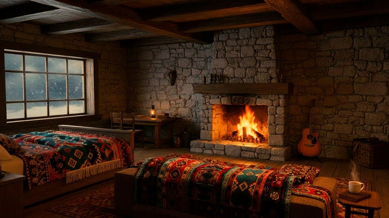 Warm Room Sanctuary | Heavy Blizzard & Fireplace ASMR | Relaxing White Noise | Winter Storm Outside