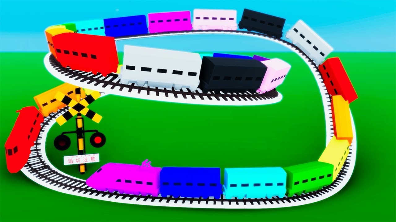 【踏切アニメ】非常に長い電車が曲がりくねった線路を走る【カンカン】Railroad Crossing Train Animation