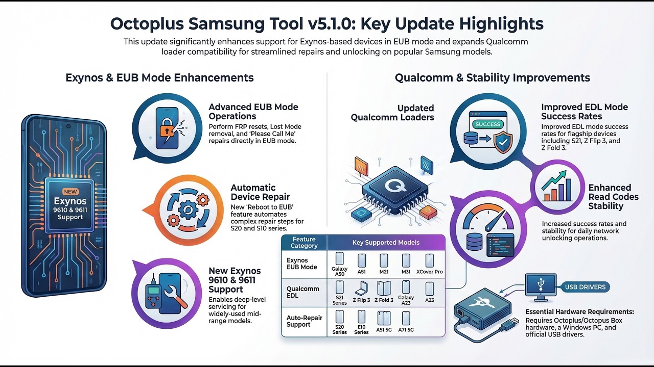 Octoplus Samsung Tool v5.1.0 Update | Android 16 FRP Reset | Exynos 9610/9611 EUB Mode Supported