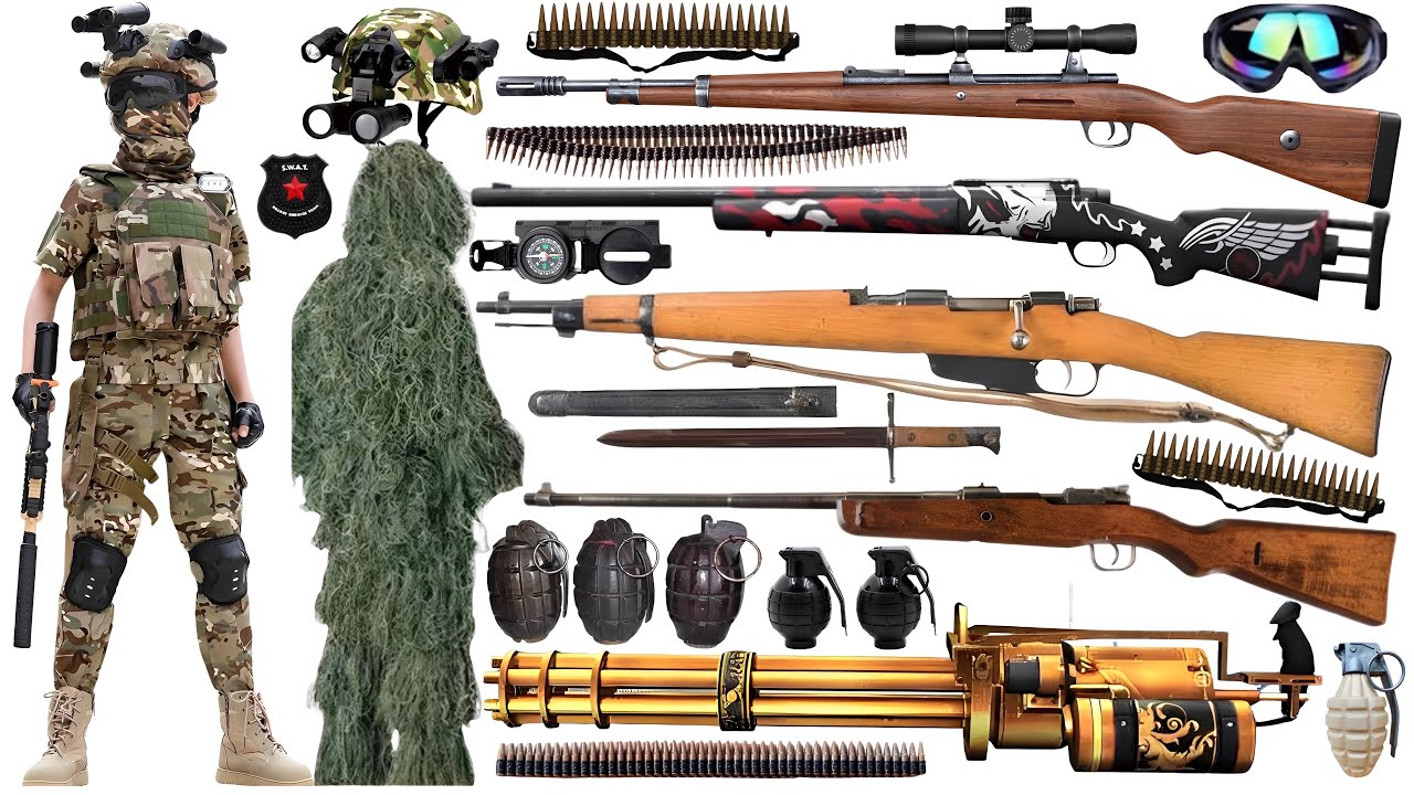 Special police weapon toy set unboxing, M24 sniper rifle, TEC9 submachine gun, tactical helmet, bomb