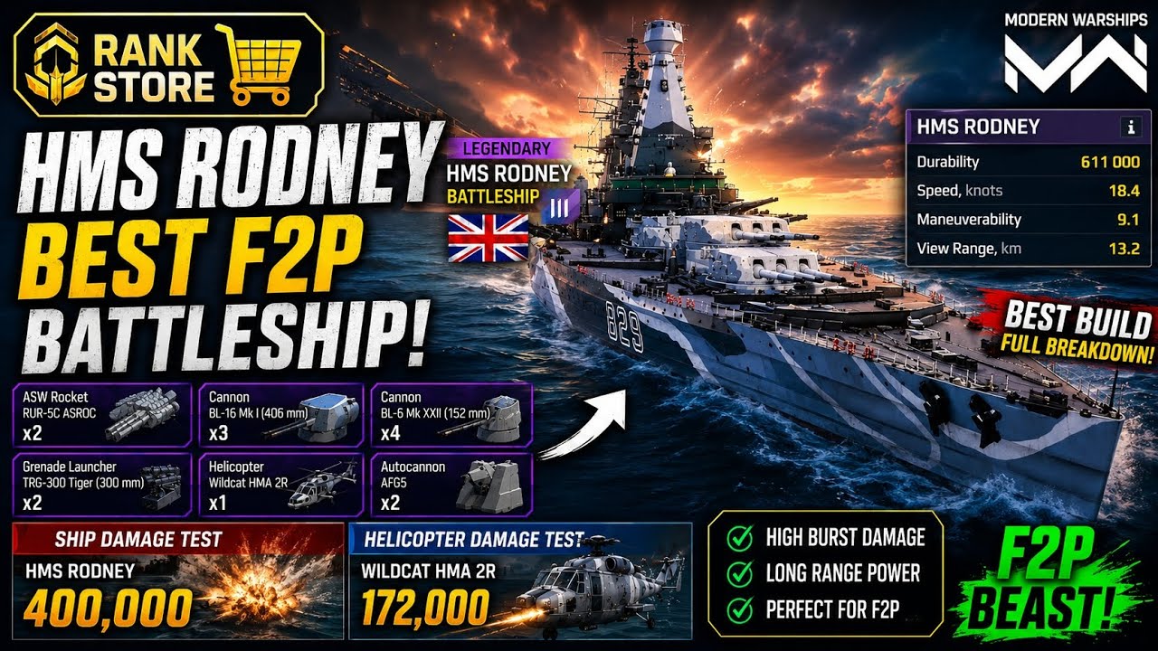 HMS Rodney BEST F2P Battleship?! 😱 Full Build + 400K Burst Damage Test | Modern Warships