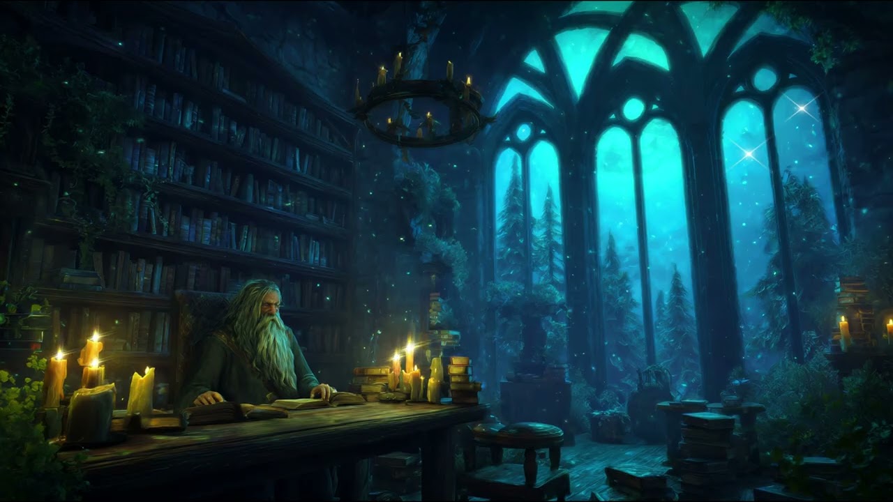 Fantasy Music for Studying | Wizard's Library | Rainy Forest Window Ambience