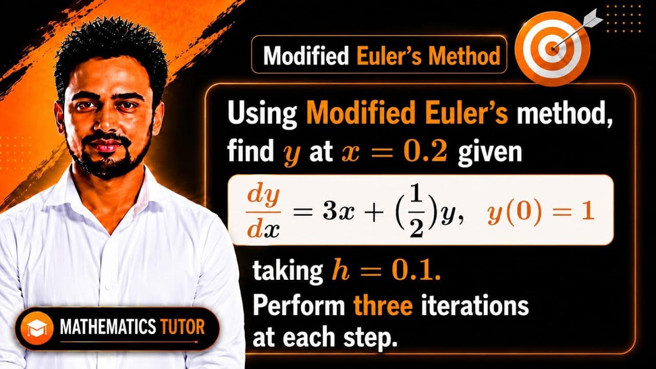 Modified Euler&rsquo;s Method with 3 Iterations | Solve dy/dx = 3x + &frac12;y | Find y(0.2) Step-by-Step