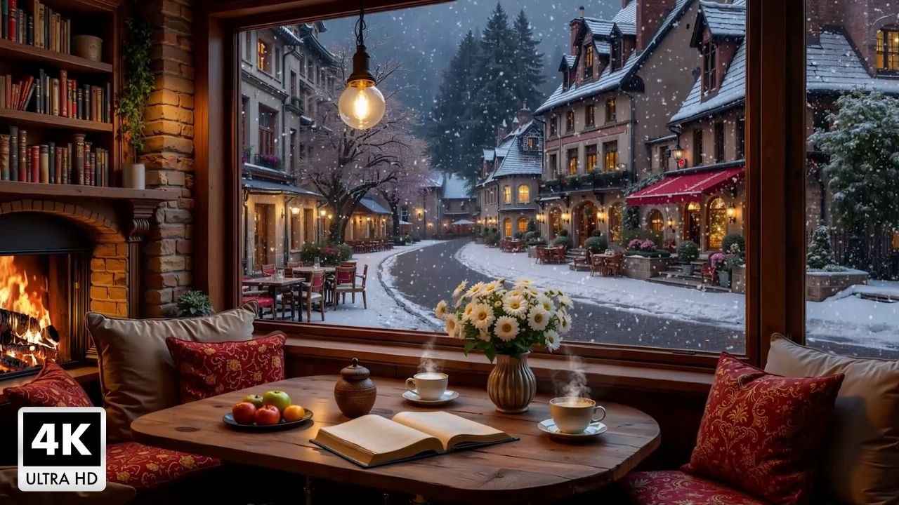 Warm Winter Café Space ~ Relaxing Jazz Piano Music and Cozy Fireplace for Deep Study and Focus