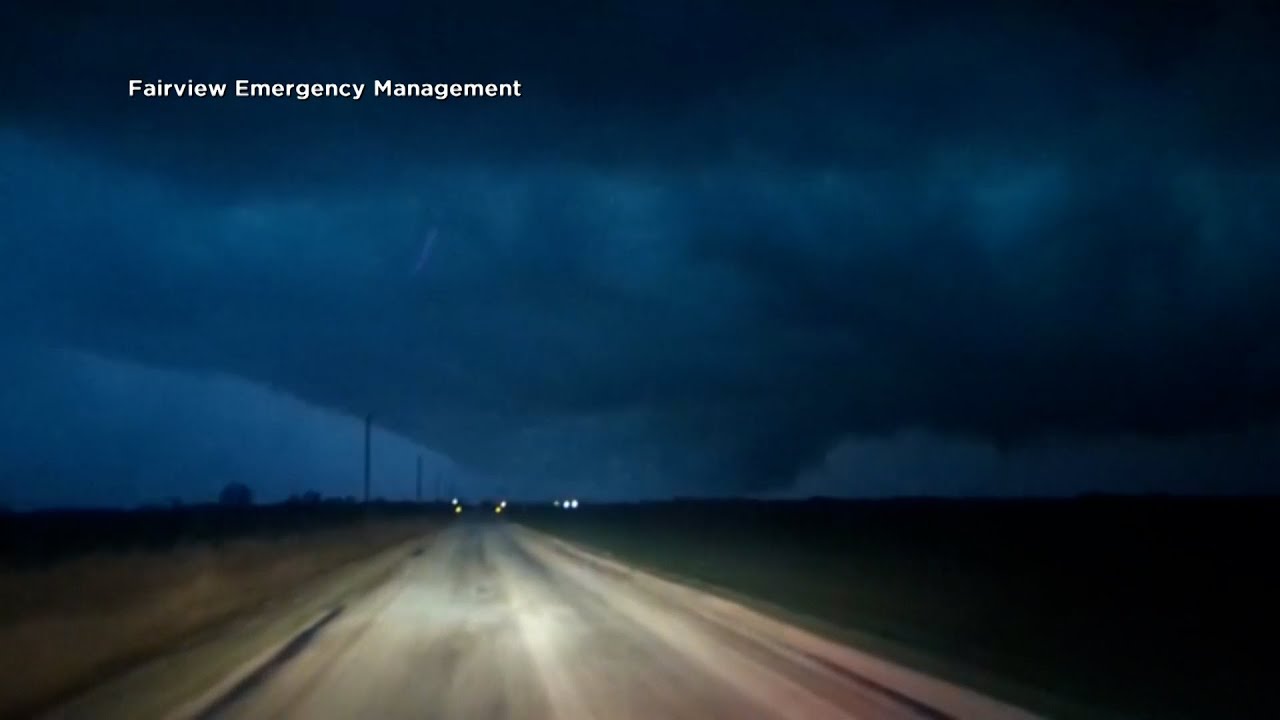 Lightning strikes as funnel cloud forms in Oklahoma