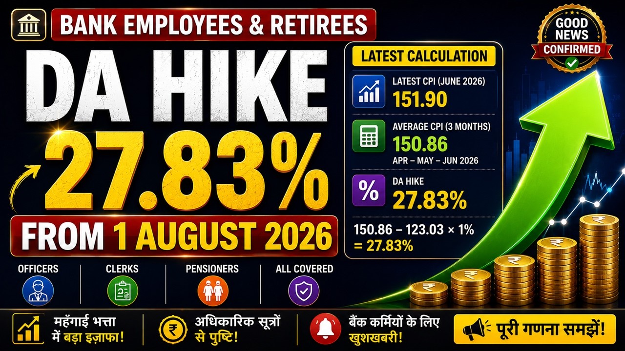 Bank Employees/Retirees Final DA From August 2026 | June CPI Released | 27.83%