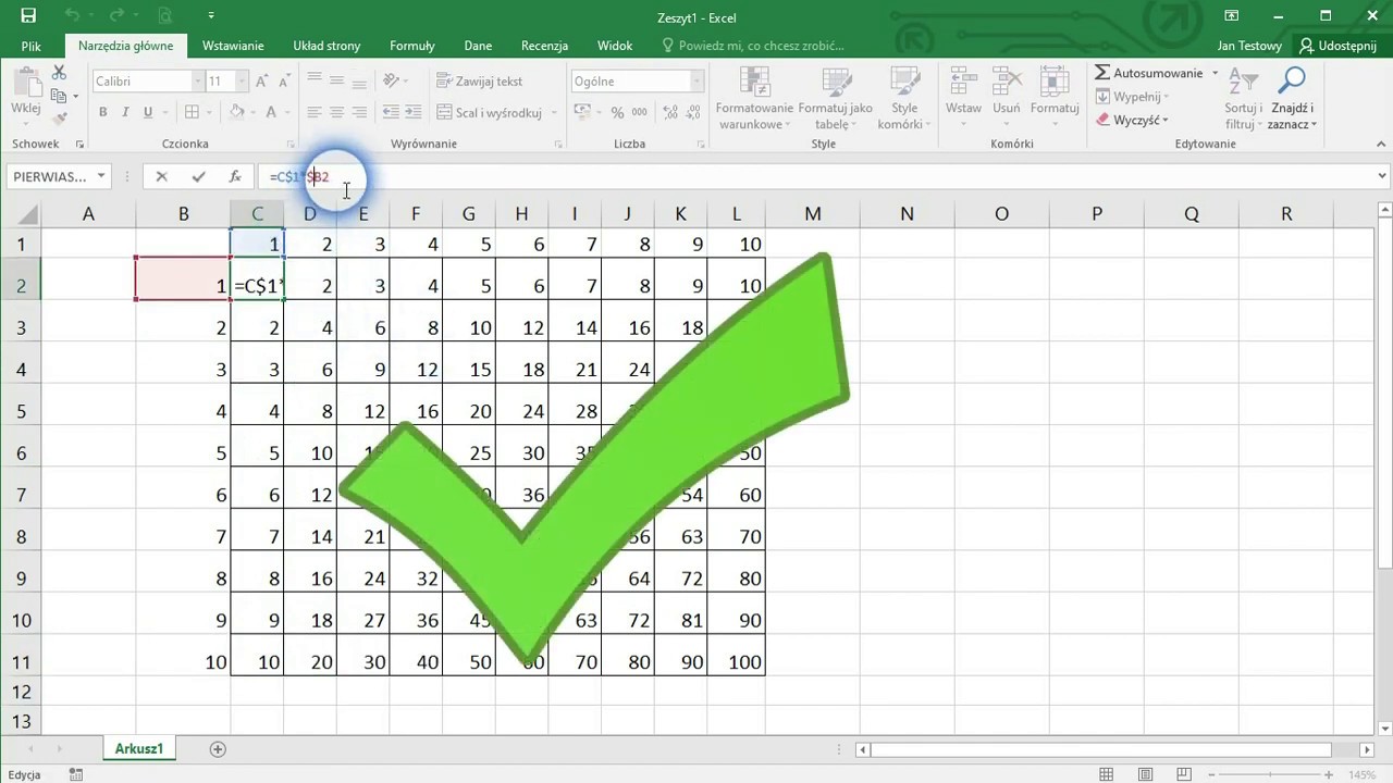 Office 2016 - Excel - tabliczka mnożenia