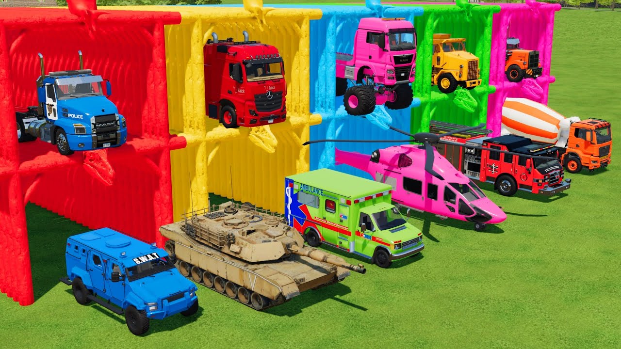 TRANSPORTING FIRE ENGINE, TANK , POLICE CARS & HELICOPTER with BIG TRUCKS! Farming Simulator 22