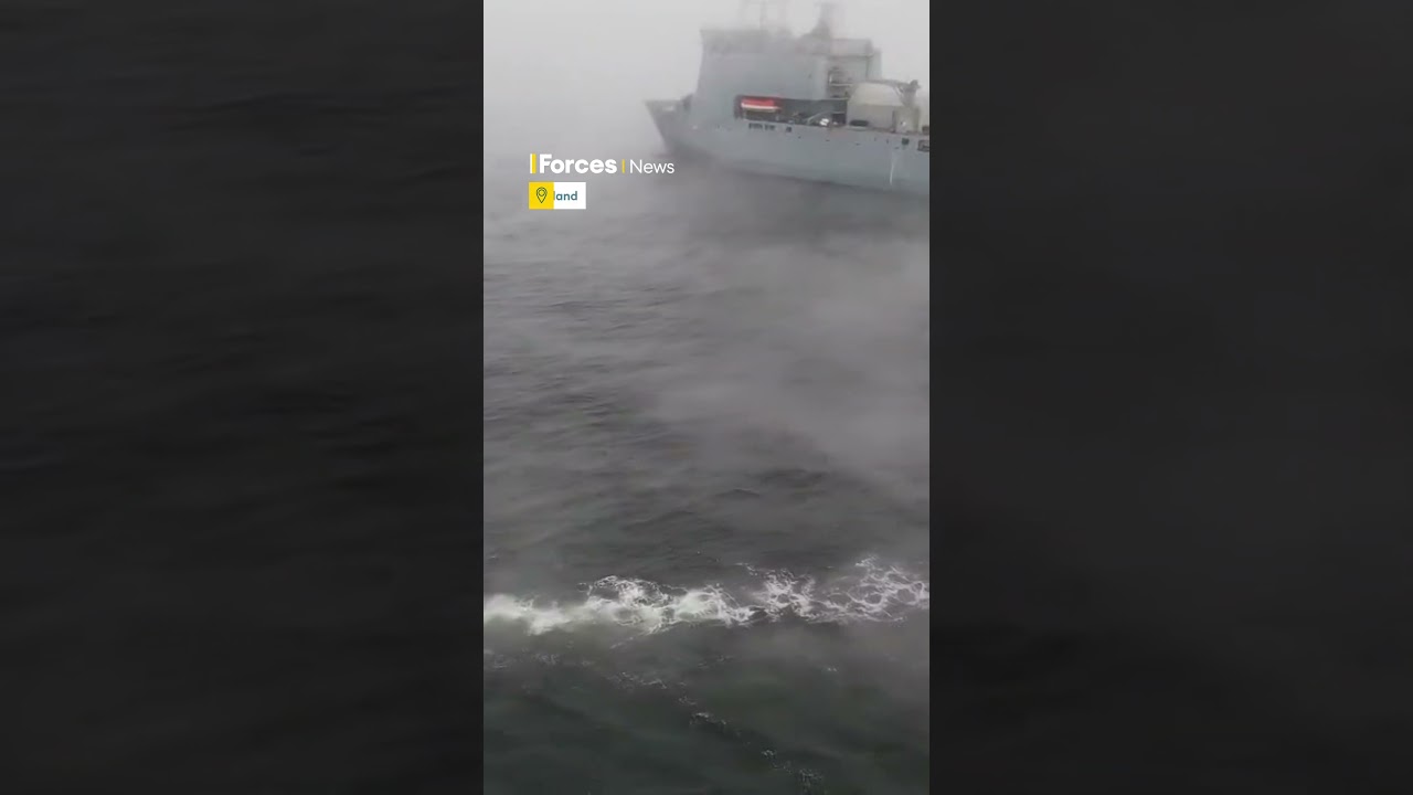RFA Mounts Bay sails through eerie sea smoke off Finland